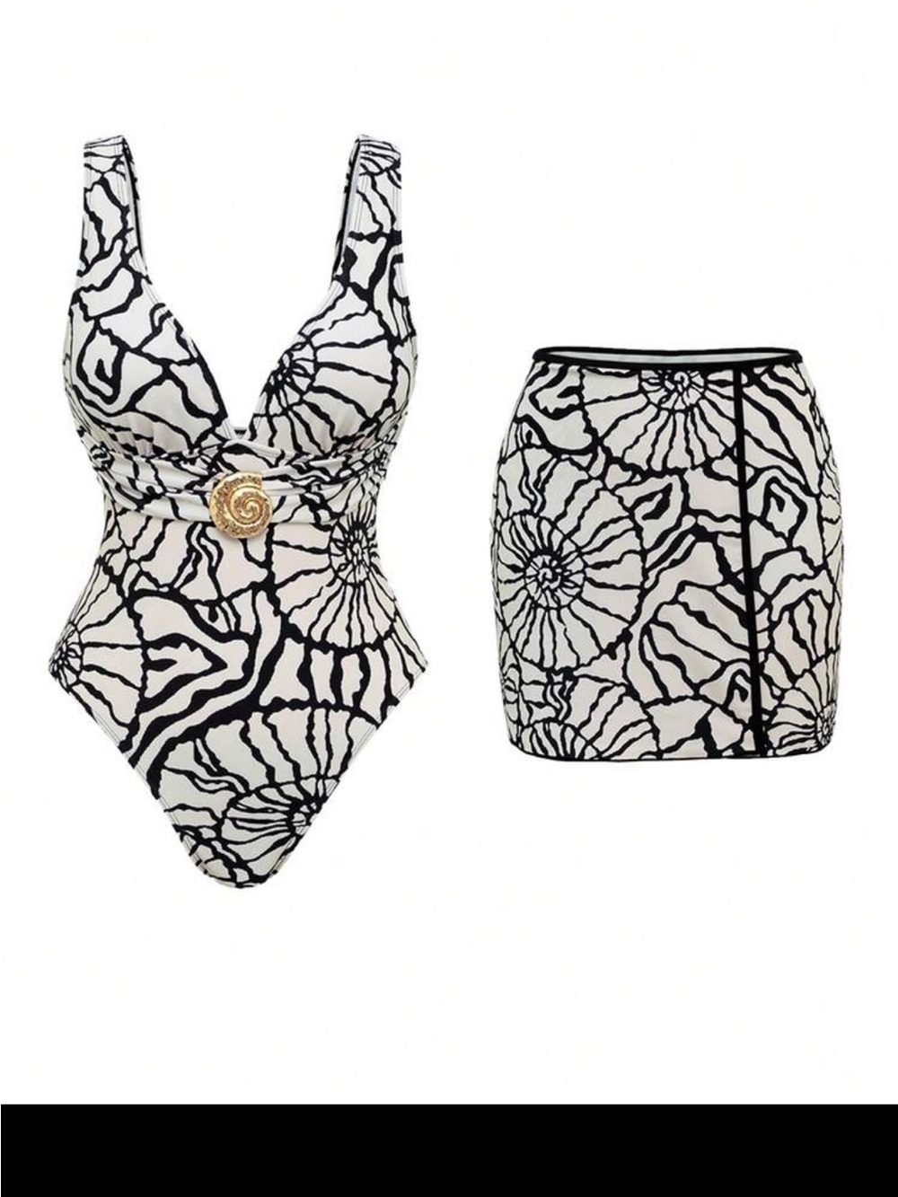 Black & White Shell-Print One-Piece Swimsuit with Gold Accent